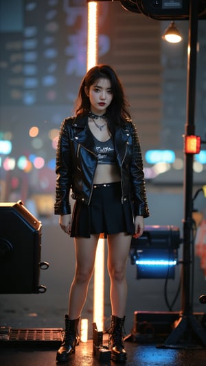 full body, looking at viewer, A goth punk girl in a rugged, industrial setting, wearing a studded leather jacket and tulle skirt, with dramatic makeup and punk hair, confidently posing among decayed machinery, captured with natural lighting and a balance of light and shadow.
