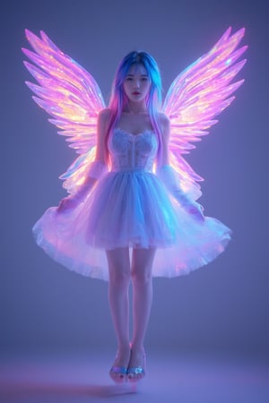 (masterpiece, top quality, best quality, official art, beautiful and aesthetic:1.2),1 girl in a sky blue crystal transparent dress, colorful long hair, floating in the air,(skinny:1.3),full body,suspended in air,hovering,a pair of huge pink crystal wings,nubela,(iridescent, fancy neon color,), crystal rainbow atmosphere,glowing.