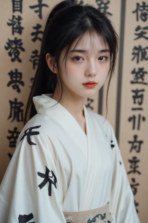 calligraphyflux,Captured from a high-angle perspective.A young Asian woman stands in front of a backdrop of Asian characters. She is dressed in a white kimono. Adorned with black symbols. Her hair is pulled back in a ponytail. Adding a touch of warmth to her face. Her eyes are a piercing blue. Her lips are a darker shade of red. The backdrop is adorned with a pattern of black characters. Adding depth to the compositio.