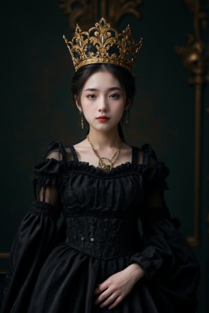 Wearing a black dress,Alafidian woman with a golden crown on her head, Elegant Gothic princess, Gothic billionaire, elegant corset, exquisite aristocratic, Pretty Eva green vampire, Pretty female Eva green vampire, elegant victorian vampire, porcelain pale skin, in victorian aristocrat, beautiful vampire female queen, rococo onyx headpiece, pale-skinned, royal elegant pose