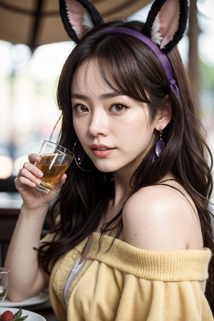 Generate hyper realistic image of a playful japanese woman with bunny ears and an hourglass body, sitting at a table outdoors. Her long, purple hair is adorned with fake animal ears, and her parted bangs frame her face delicately. Dressed in a yellow off-shoulder shirt and a black miniskirt, she holds a cup with a drinking straw, her earrings glinting in the daylight.