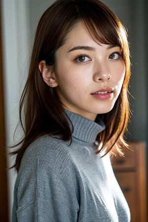 Generate hyper realistic image of a beautiful young japanese woman with blue eyes and brown hair, perfect big breast, wearing a warm sweater and a stylish turtleneck, no bra. Her upper body is depicted with realistic details, showcasing the subtle charm of parted lips and a hint of freckles. The scene captures the essence of a cozy winter day, with her hair slightly messy, giving a touch of natural elegance.