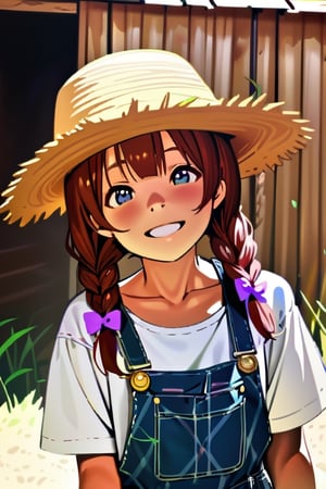 1girl,lolicon,underage,big_pigtails,barn_in_background,overalls,flanel_shirt,high_resolution,smile,happy,photorealistic,thick_braids, multi-tied hair,twin_braids,straw_hat