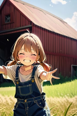 1girl,lolicon,underage,big_pigtails,barn_in_background,overalls,flanel_shirt,high_resolution,smile,happy,photorealistic,thick_braids, multi-tied hair,twin_braids,straw_hat,anya forger