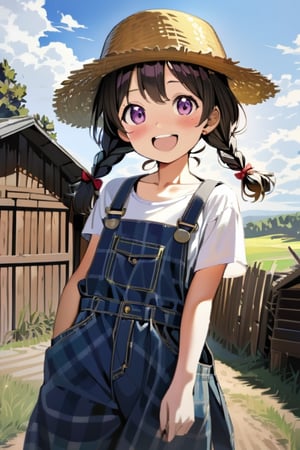 1girl,lolicon,underage,big_pigtails,barn_in_background,overalls,flanel_shirt,high_resolution,smile,happy,photorealistic,thick_braids, multi-tied hair,twin_braids,straw_hat