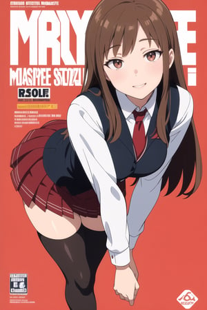 ((masterpiece)), solo, 1girl, , smile, long hair, ((light brown hair)), ((dark brown eyes)),looking at viewer, athletic,,standing, ((girlA)),((medium breast)),full body,((white_shirt)),(( long sleeves)),(( red pleated skirt)), uniform, black thigh highs, long sleeves, red tie, (black_vest:1.3), ((front view))
pink room, ((nauthy face)),(( smile))
((erotic pose))
((cover magazine))