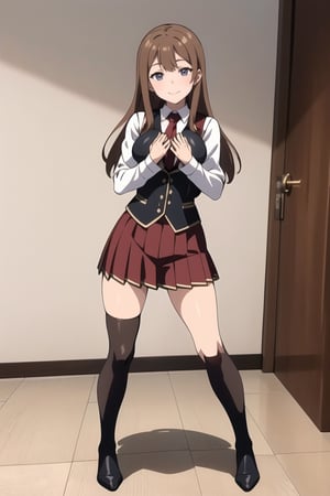 ((masterpiece)), solo, 1girl, , smile, long hair, ((light brown hair)), ((dark brown eyes)),looking at viewer, athletic,,standing, ((girlA)),((medium breast)),full body,((white_shirt)),(( long sleeves)),(( red pleated skirt)), uniform, black thigh highs, long sleeves, red tie, (black_vest:1.3), ((front view))
pink room, ((nauthy face)),(( smile))
((erotic pose))
((standding))