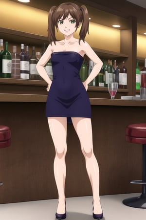 ((masterpiece)), solo, 1girl, ,mature,  ,looking at viewer,standing, full body,
jun  slim, small breasts,petite , brown hair twintails short twintails, mature,smile,evil face,legs, pull,brown hair, green eyes,

hands o hips
((micro dress))
((sexy pose ))
 ((bare shoulders))
((sleeveless))
((purple dress))
((black heeled shoes))
((tight dress))
((strapless ))

((bar))
((bar bar))
