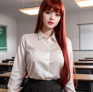 cute girl with long red hair and bangs showing her bare breasts, her clothing consists of a black skirt, a white blouse with buttons and semi-transparent, the background consists of a classroom, good lighting, masterpiece, good quality, very detailed