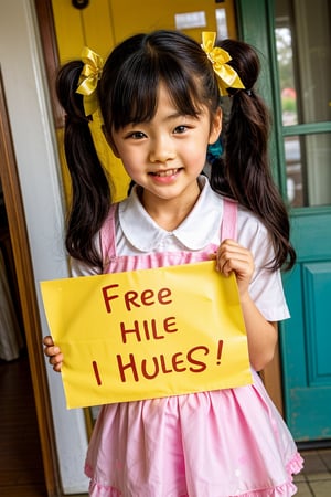  5 year old little Korean girl holding a sign that says "Free Hugs", cute little Korean girl, children's eyes, (happy), thin, children's clothing, children's body, twin tails, deep photo, depth of field, Superia 400, bright, at school The door, the details are more reasonable,金子美穂