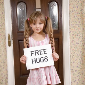 5 year old little girl holding a sign that says "Free Hugs", cute little girl, children's eyes, (happy), thin, children's clothing, children's body, twin tails, deep photo, depth of field, Superia 400, bright, at school The door, the details are more reasonable