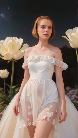 Photo of a woman with a perfect face, dress, soft color, dreamlike, surrealism, outdoors, complex background night sky and flowers, intricate details. Art in pop surrealism lowbrow cute style. Inspired by Ray Caesar. opaque colors, indirect lighting. realistic, character,
