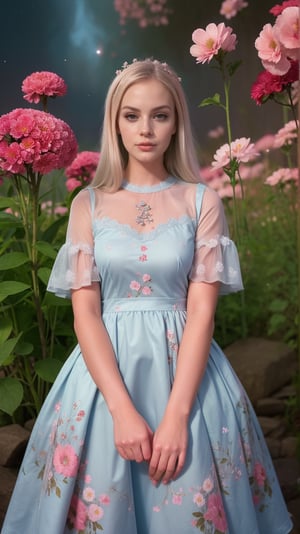 Photo of a woman with a perfect face, dress, soft color, dreamlike, surrealism, outdoors, complex background night sky and flowers, intricate details. Art in pop surrealism lowbrow cute style. Inspired by Ray Caesar. opaque colors, indirect lighting. realistic, character,
,Rile