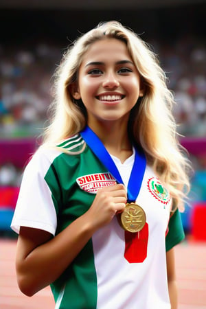 Golden light illuminates the Olympic Stadium as a stunning 20-year-old Mexican girl, with blonde hair and piercing blue eyes, stands triumphantly on the winner's podium. Her long locks cascade down her back as she gazes upwards, smiling broadly for the cameras. The crowd erupts in cheers around the stadium, as she proudly wears uniform number 69 with 'Latinas' emblazoned across her sports top, showcasing her toned physique from the waist up.