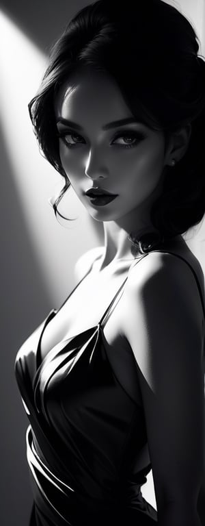 (best quality,4k,8k,highres,masterpiece:1.2),ultra-detailed,black and white,shadowy figure,graceful pose,feminine allure,(mysterious,alluring:1.3) eyes and lips,sleek curves,ravishing beauty,artistic expression,dramatic lighting,contrast,subtle details,implied sensuality,twisted silhouette,dark elegance, mood,fluid lines,high contrast,fine art,monochrome,contemporary,sophisticated,innovative,silhouette,visual poetry,creative composition,striking visual impac,Unique Masterpiece
