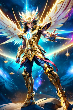 Saint Seiya,golden armor,movie lights,Realist,highly detailed,bright, universe, nebula, detailed, Surreal, clean background trend, bright background, Attention to detail,8k --niji 5 --stylistic expressiveness --s 400,Holy light,xxseiyapegasusxx,Angel's wings