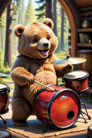 This image depicts a delightful and comical scene featuring a cute bear playing a drum set. The bear appears animated and joyous, engaging with the drums with a sense of fun and excitement. The depiction is endearing, likely to evoke smiles with its playful charm.