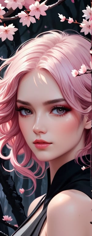 Close up woman dusty pink hair in a cherry blossom woods. on black canvas in the style of guillem h. pongiluppi, abigail larson, ominous landscapes, john sloane, light grey and pink, energy-filled illustrations, highly detailed