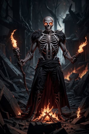 Generate hyper realistic image of a macabre scene of an undead pyromancer, wreathed in flames, casting dark fire spells amidst the skeletal remains of fallen foes. The background features a foreboding, lava-filled abyss, adding to the sinister ambiance of the Dark Souls universe. highly detailed, sharp focus.8k,photography style, 
