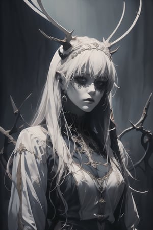 azurlane,1girl,albino demon little queen, (long intricate horns), a sister clad in gothic punk attire, face concealed behind a striking masquerade mask,themed,white_aesthetics,photorealistic,Masterpiece,Realistic,dark fantasy,intricate printing pattern ,nodf_lora,Colorful Binary Code Energy