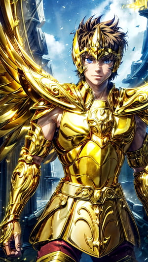 (masterpiece:1.2, best quality), (finely detailed beautiful eyes: 1.2), (extremely detailed CG unity 8k wallpaper, masterpiece, best quality, ultra-detailed), a male anime character with golden armor on in a picture showing his outfit, 1boy, gold armor, male focus, armor, solo, zoom layer,Sagittariusarmor