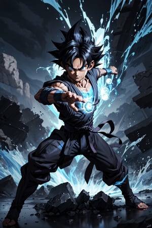 ((masterpiece, best quality)),(complex light),absurdres, highres, 1boy,solo,fighting stance, goku black,black hair,black eyes,blue fire destroyed debris background,smirk