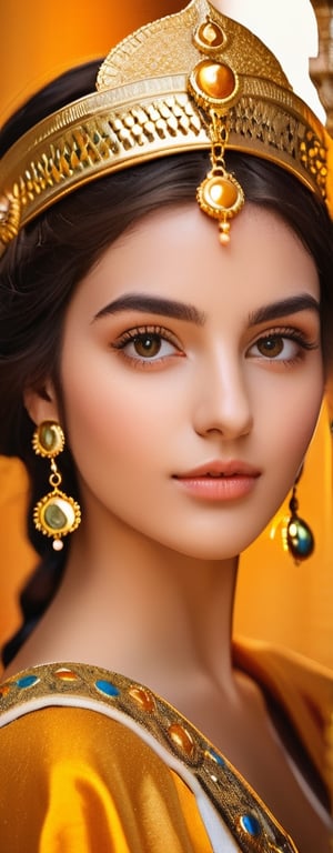 A portrait of a Byzantine style girl with golden background. (masterpiece, top quality, best quality, official art, beautiful and aesthetic:1.2), (1girl:1.4), portrait, extreme detailed, highest detailed, simple background, 16k, high resolution, perfect dynamic composition, bokeh, (sharp focus:1.2), super wide angle, high angle, high color contrast, medium shot, depth of field, blurry background,,itacstl