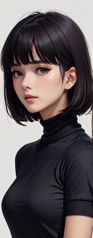 illustraion, aesthetically pleasing, 1girl, solo, slim, black hair, bobcut, bangs, black eyes, closed mouth, black shirt, short sleeves, turtleneck, upper body, standing up, realistic background, 