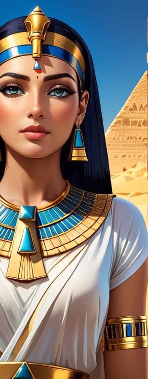 This image portrays the ancient Egyptian Queen Cleopatra with a majestic pyramid in the background. Cleopatra is depicted in regal attire, with traditional Egyptian headdress, jewelry, and makeup, embodying the timeless elegance often associated with her. The pyramid, an iconic symbol of ancient Egypt, looms in the distance, under a clear blue sky, enhancing the historical and grandiose atmosphere of the scene. The composition captures a blend of beauty, power, and the rich heritage of ancient Egyptian civilization., focus full body,cowboy shot,focus sharp,focus below -1.7,photorealistic style,hyperdetalization,Greg Rutkowski style