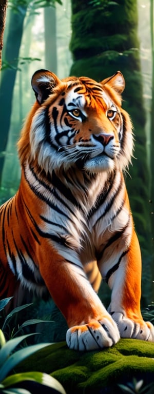 Realistic photo of the red [ tiger with lion ] in a forest. Soft fur, delicate wool. High quality, UHD, 8k, 4k, detailed, soft light, DSLR quality, stock quality, professional. BBC world