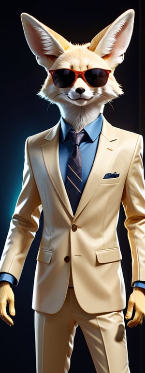 A stylized human ((shaped Fennec fox with dark sunglasses standing on two legs)), (((in frame))), a formal dressed, with a jacket and tie, very elegant, haute couture clothes, ((very realistic)), gangsta look, 4k, cinematic, the player, highly detailed, 

Movie Style 
