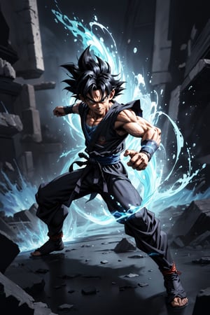 ((masterpiece, best quality)),(complex light),absurdres, highres, 1boy,solo,fighting stance, goku black,black hair,black eyes,blue fire destroyed debris background,smirk