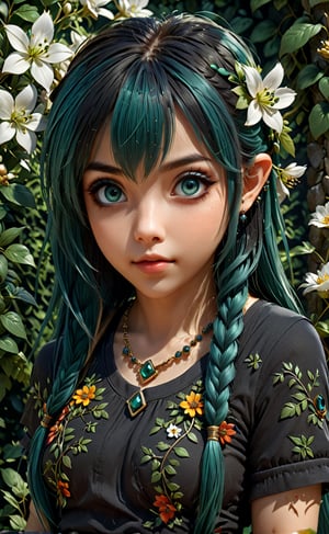 ((1girl)),kozuki hiyori, (3d rendering),(3d girl), ((solo)), Half body, details, (Long straight hairs),((blue-green hair:0.8)),big eyes,( detailed beautiful eyes), ( detailed face), (extremely detailed CG, ultra-detailed, best shadow), ((depth of field)), (loses black shirt),flowers and petals