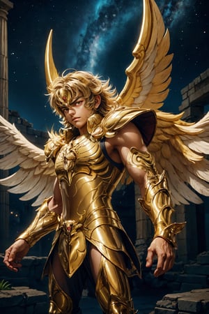 Saint Seiya,golden armor,movie lights,Realist,highly detailed,bright, universe, nebula, detailed, Surreal, clean background trend, greek ruins background, Attention to detail,8k --niji 5 --stylistic expressiveness --s 400,Holy light,xxseiyapegasusxx,Angel's wings