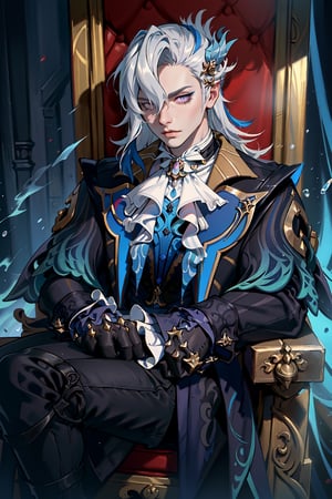 masterpiece, best quality,  ,Neuvillette, 1boy, male focus, gloves, purple eyes, solo, sitting, black gloves, long hair, crossed legs, hair over one eye, throne, looking at viewer, ascot, hair ornament, white hair, pants,1boy,photoactual, actual, best quality, ultra high resolution, depth, pastel colors, natural shadow, focus on face, Just look at the face, looking at the audience, 