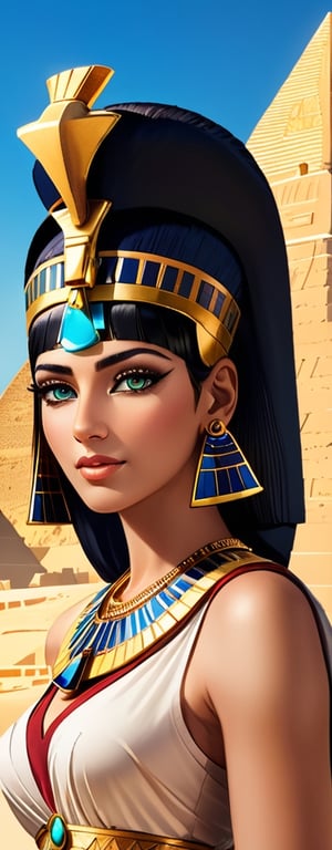 This image portrays the ancient Egyptian Queen Cleopatra with a majestic pyramid in the background. Cleopatra is depicted in regal attire, with traditional Egyptian headdress, jewelry, and makeup, embodying the timeless elegance often associated with her. The pyramid, an iconic symbol of ancient Egypt, looms in the distance, under a clear blue sky, enhancing the historical and grandiose atmosphere of the scene. The composition captures a blend of beauty, power, and the rich heritage of ancient Egyptian civilization., 