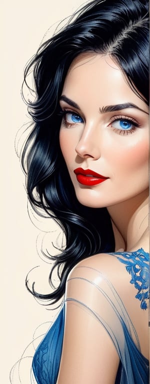 pencil Sketch of a beautiful mature woman 25 years old, with black hair, alluring, portrait by Charles Miano, ink drawing, illustrative art, soft lighting, detailed, more Flowing rhythm, elegant, low contrast, add soft blur with thin line, red lipstick, blue eyes.