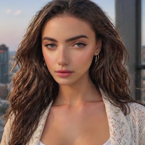 Full realistic photo from far of a stylish young woman with large, captivating eyes, thick eyebrows, a strong jawline, high cheekbones, and a natural complexion. Her hair is in loose waves. slim boned, long limbed, lithe and with very little body fat and little muscle .Highlighting her as a modern, approachable virtual influencer