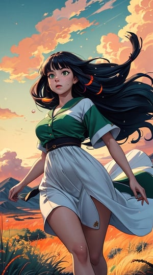 ((masterpiece)), (best quality), (cinematic), a woman in a long white dress, running through an open field, long black hair, bangs, chubby, wide hips, full body, green eyes, freckles on cheeks, wind, detailed face, detailed body, red and orange sky, glow, clouds, vegetation, green plains, floating bubbles, (cinematic, colorful), vast field, (extremely detailed), inspired by Studio Ghibli, EpicSky, cloud, sky, highly detailed, detailed face