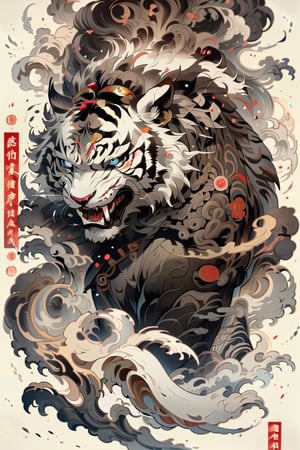 A beautifully drawn (retro-inspired typography)) encircling a (((sumi-e ink illustration))) depicting white tiger , integrating elements of Japanese calligraphy
,MeganFox