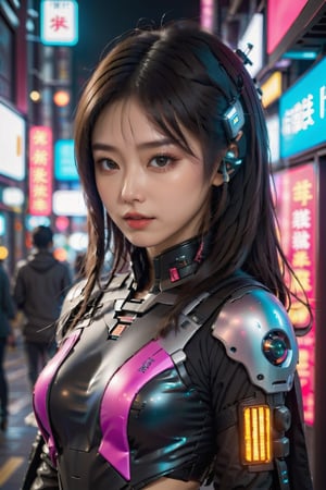 a cute japanese girl in cyberpunk style , futuristic look,in a metaverse ,her flawless beauty attracts the veiwer ,beautiful structure with a beautiful pose 