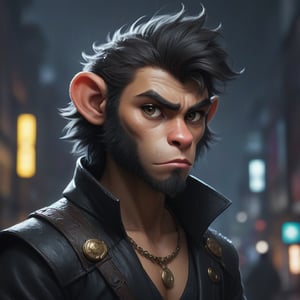 award winning beautiful portrait commission of a male furry anthro monkey king fursona with a tail and a cute beautiful attractive detailed furry face wearing stylish black cyberpunk clothes in a cyberpunk city at night while it rains. Character design by charlie bowater, ross tran, artgerm, and makoto shinkai, detailed, inked, western comic book art