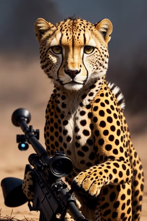 Clever cheetah wearing camouflage and sniper gear, holding a sniper rifle, anthropomorphic, super detail, ultra hd, 8k, real life, maximum facial detail, cinematic lighting 