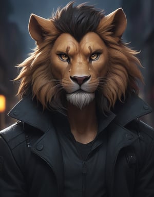 award winning beautiful portrait commission of a male furry anthro  lion fursona with a tail and a cute beautiful attractive detailed furry face wearing stylish black cyberpunk clothes in a cyberpunk city at night while it rains. Character design by charlie bowater, ross tran, artgerm, and makoto shinkai, detailed, inked, western comic book art