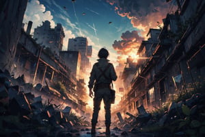 Click, gunpowder smoke, war footage, suitcase, VI camera, film, solo, short hair, Khaki shirt, black hair, long sleeves, 1boy, jacket, grey eyes, holding camera, weapon, belt, gun, military, explosion, green pants, binoculars, ruins, broken walls, debris, cypress tree, olive leaf, little daisy(best quality,masterpiece,EpicArt,xjrex,retroartstyle,best quality