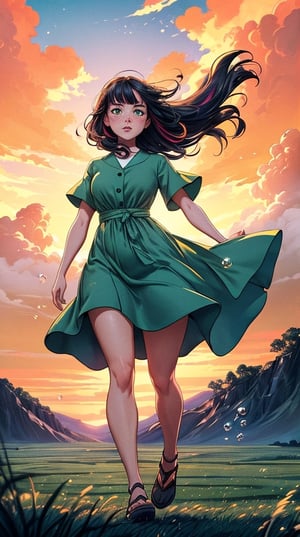 ((masterpiece)), (best quality), (cinematic), a woman in a long white dress, running through an open field, long black hair, bangs, chubby, wide hips, full body, green eyes, freckles on cheeks, wind, detailed face, detailed body, red and orange sky, glow, clouds, vegetation, green plains, floating bubbles, (cinematic, colorful), vast field, (extremely detailed), inspired by Studio Ghibli, EpicSky, cloud, sky, highly detailed, detailed face