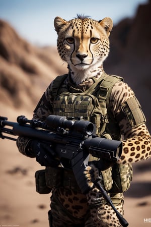 Clever cheetah wearing camouflage and sniper gear, holding a sniper rifle, anthropomorphic, super detail, ultra hd, 8k, real life, maximum facial detail, cinematic lighting 