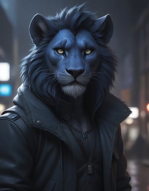 award winning beautiful portrait commission of a male furry anthro Blue lion fursona with a tail and a cute beautiful attractive detailed furry face wearing stylish black cyberpunk clothes in a cyberpunk city at night while it rains. Character design by charlie bowater, ross tran, artgerm, and makoto shinkai, detailed, inked, western comic book art