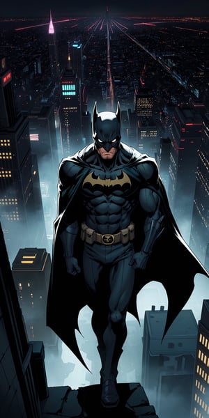 Perched high above Gotham City, Batman's keen gaze pierces through the darkness like a searchlight. The city sprawls below, its streets a labyrinth of alleys and avenues, each one holding secrets known only to those who dare to traverse them. Neon signs flicker and pulse, casting eerie shadows that dance across the facades of towering buildings.

Amidst the chaotic symphony of the night, Batman remains a solitary figure, a silent sentinel watching over his domain. His cape billows in the wind, a dark silhouette against the backdrop of twinkling lights. From his vantage point, he sees the ebb and flow of life below: the criminals skulking in the shadows, the innocent citizens hurrying home, and the faint glimmer of hope that refuses to be extinguished.

As the night wears on, Gotham's true nature reveals itself. The streets come alive with the sounds of sirens and screeching tires, a constant reminder of the city's relentless struggle against crime. Yet, amidst the chaos, there is a sense of order—a delicate balance maintained by the vigilant watch of the Dark Knight.

With every passing moment, Batman's resolve strengthens. For in the heart of Gotham City, he knows that the night may be dark and full of terrors, but he is the one who stands ready to face them head-on.