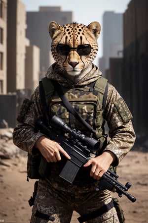 Clever cheetah wearing camouflage and sniper gear, holding a sniper rifle, anthropomorphic, super detail, ultra hd, 8k, real life, maximum facial detail, cinematic lighting 